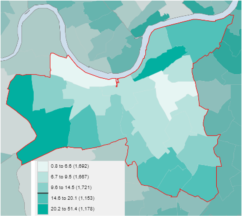 Map of Wandsworth by income deprivation (percentage living in income deprived households reliant on means tested benefit)