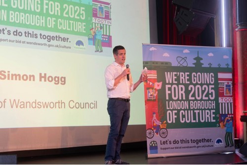 Council Leader Simon Hogg with London Borough of Culture banner