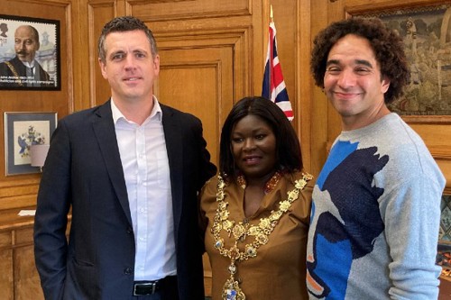 Support: (L-R) Council leader Simon Hogg with Mayor of Wandsworth Juliana Annan and writer Joseph Coelho