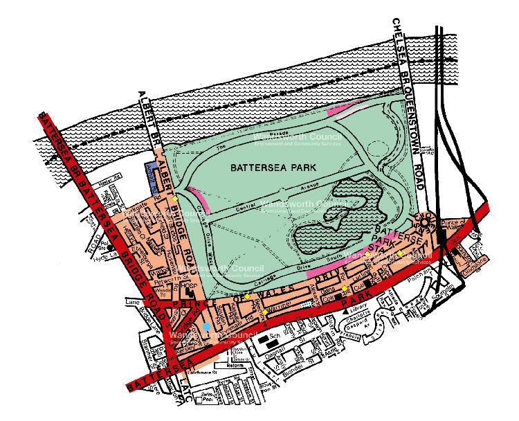Parking controls and designated parking areas for Battersea Park.
