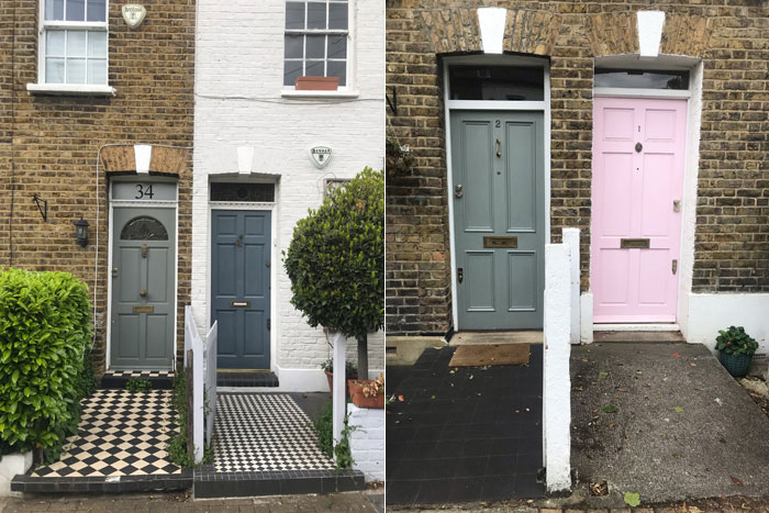 Figs. 38 & 39: Detail of entrance treatments, with modern tile footpaths (left) and original 4 panel doors and pastiche 6 panels which reduces the height of the fanlight (right)