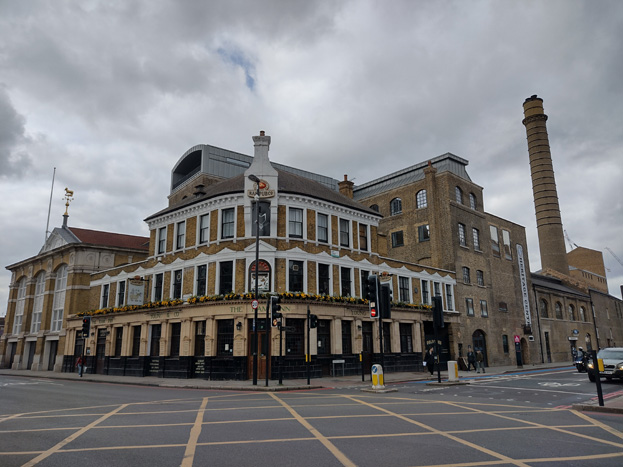 Fig. 61: The former brewhouse (left), Ram Inn (centre), and part of the brewery complex (right)