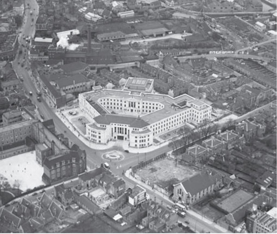 Fig. 70: Aerial photograph of the Civic sub-area from the south-east c.1938. The construction of Armoury Way is evident at top right. © English Heritage