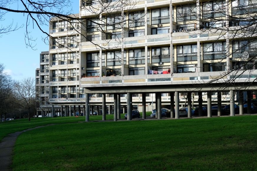 Fig. 96: This angle shows how the pilotis of each slab when seen together appear as a forest of stilts holding the slabs above the expansive green landscape of Downshire Field. The slab blocks too can be seen as staggered, each just appearing behind the other