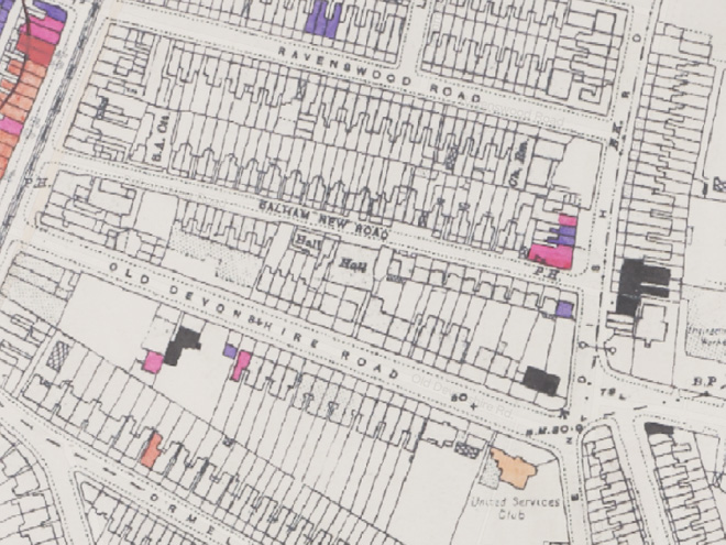 Figure 7: Extract from the London City Council's Bomb Damage Map (1945). A colour-coded key was used to categorise the level of damage: black = total destruction; purple = damage beyond repair; dark pink = seriously damaged but repairable at cost; orange = general blast damage