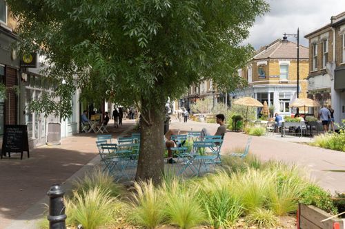 Old York Road with seating and planting